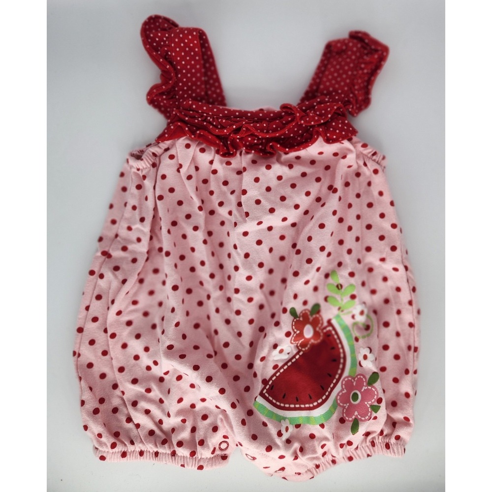 Fisher Price One Piece Girls Pink Romper 0-3 Mo Ruffle Polka Dots Watermelon